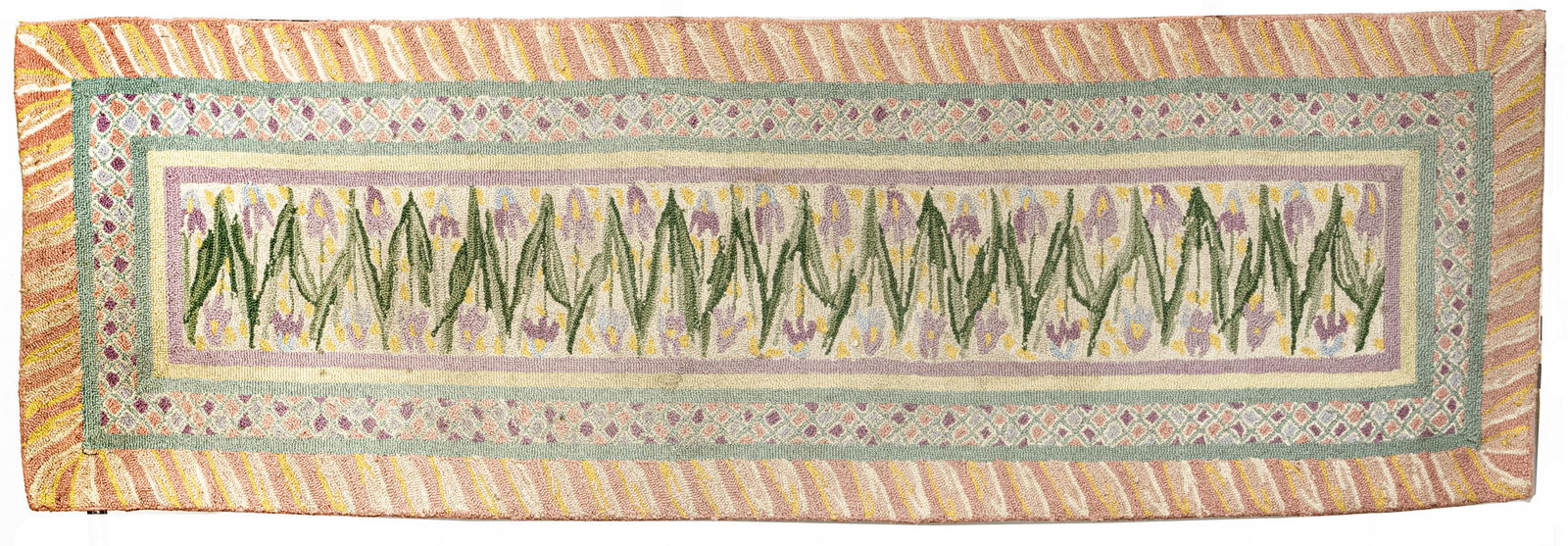 MACKENZIE-CHILDS (AMERICAN) RUNNER W 32", L 96": MACKENZIE-CHILDS (AMERICAN) RUNNER W 32", L 96" Floral tulip design with stripe and diamond border. Mackenzie Childs marked on underside.