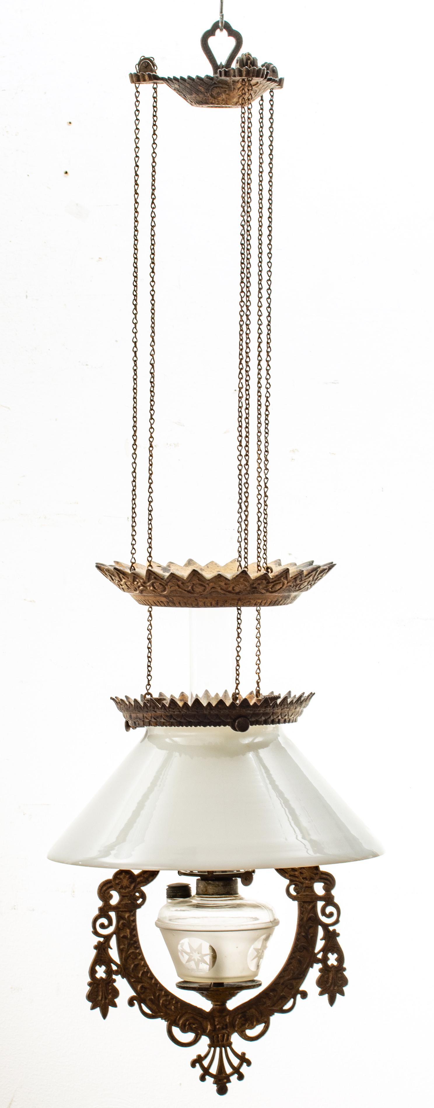 AMERICAN IRON FRAME, GLASS SHADE HANGING LAMP, C 1870 H (1 of 3)