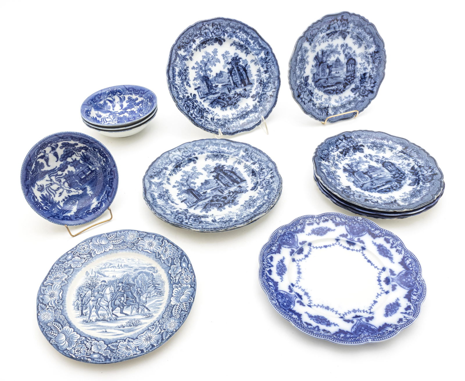 STAFFORDSHIRE FLOW BLUE STONEWARE PLATES + BOWLS, 19TH (1 of 5)