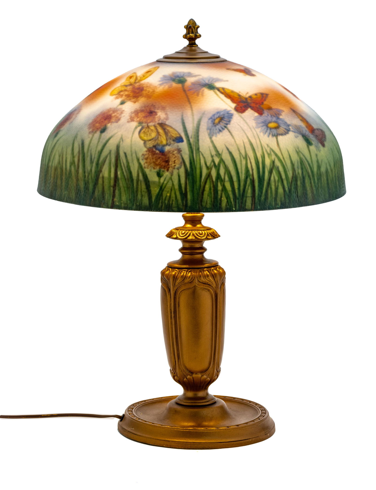 REVERSE PAINTED GLASS AND PATINATED METAL TABLE LAMP, (1 of 5)