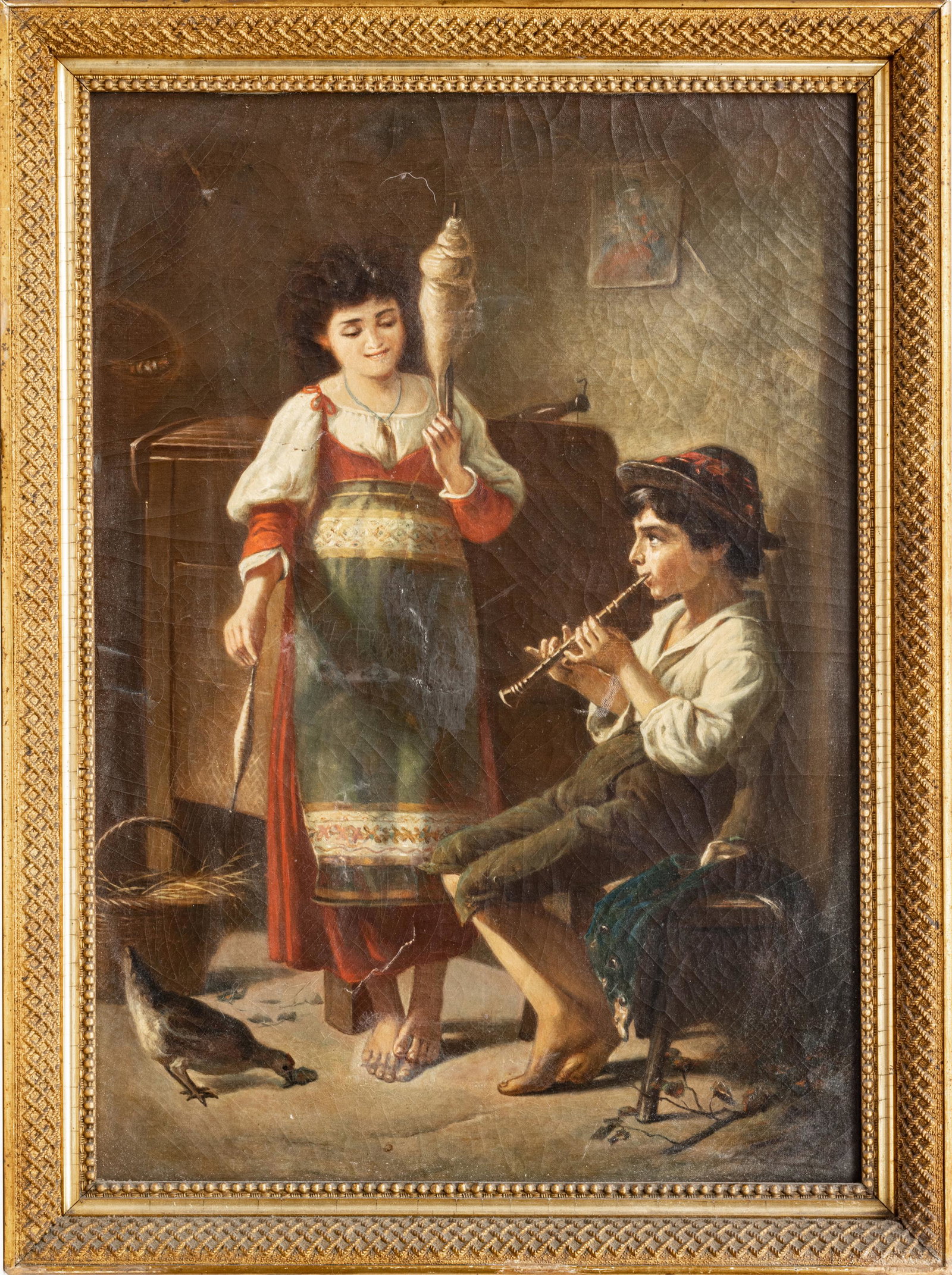 UNSIGNED OIL ON CANVAS, 19TH C, H 25.5", W 18", SPINNER (1 of 3)