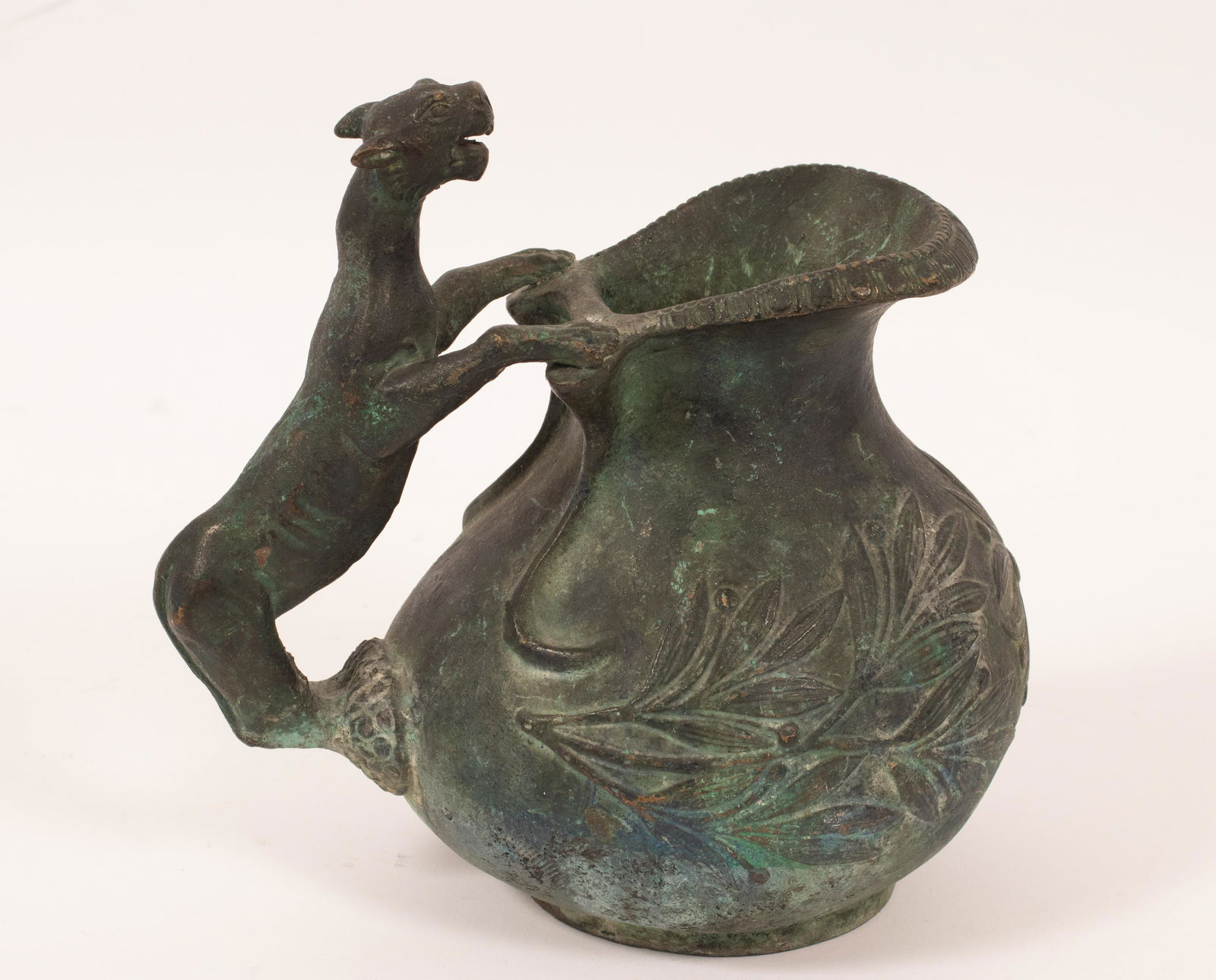 AFRICAN LION HANDLE BRONZE PITCHER 1830 H 7.5" L 8" (1 of 4)