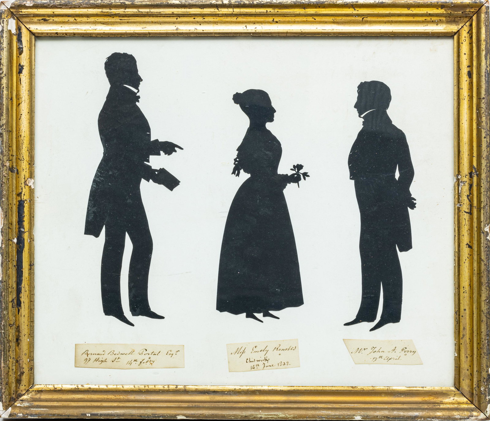 ENGLISH WEDDING SILHOUETTES, BIRMINGHAM 1838, H 11.5": ENGLISH WEDDING SILHOUETTES, BIRMINGHAM 1838, H 11.5" W 14.5" FRAME MR. JOHN A. PERRY AND MISS EMELY RONOLOS CHISWICK Descriptive texts under each silhouette in ink on period paper read: "Bernard Bedw