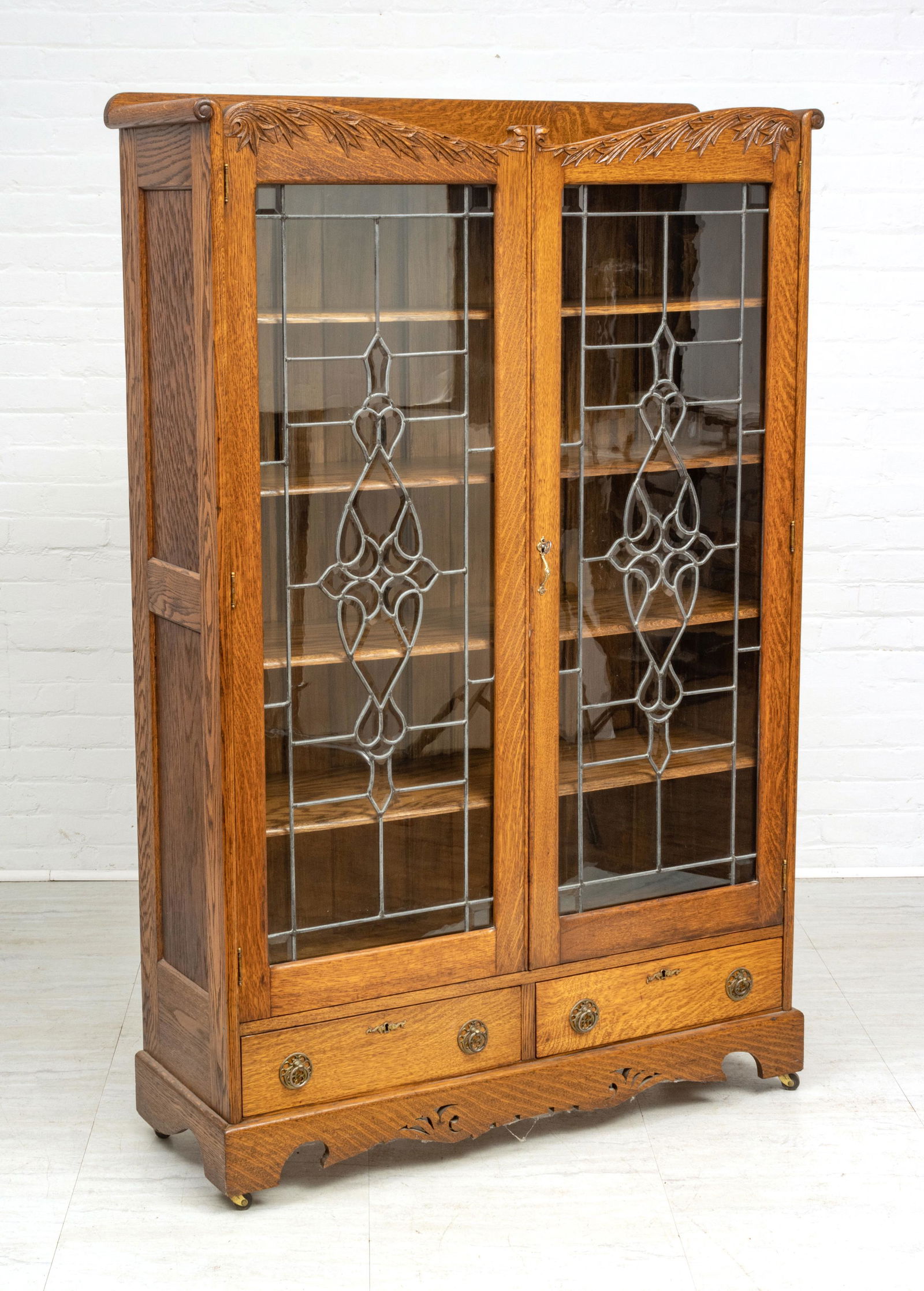 AMERICAN OAK & LEADED GLASS BOOKCASE, C 1900 H 65", W (1 of 4)