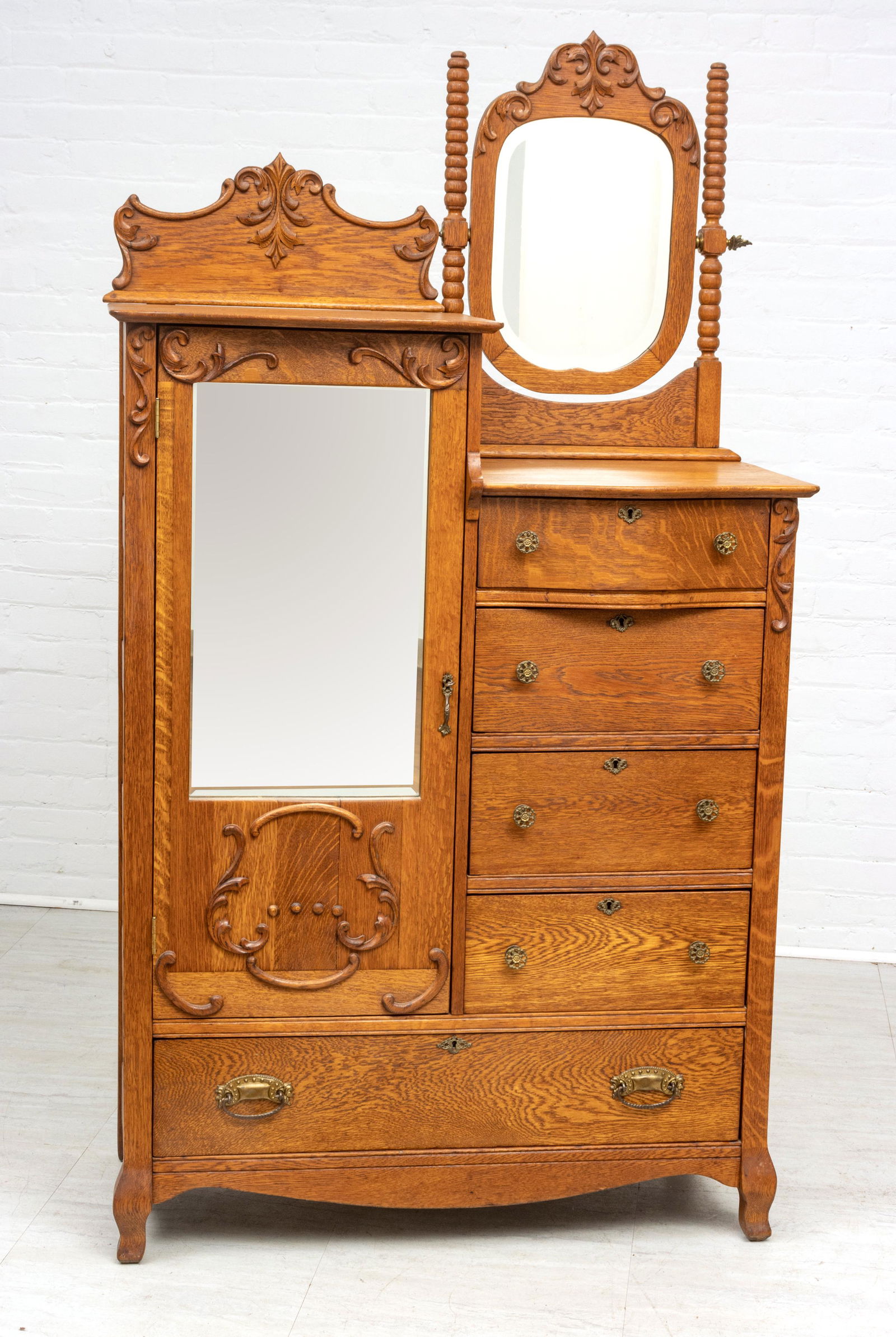 AMERICAN CARVED OAK CHIFFEROBE C 1880 H 71", W 39.25", (1 of 4)