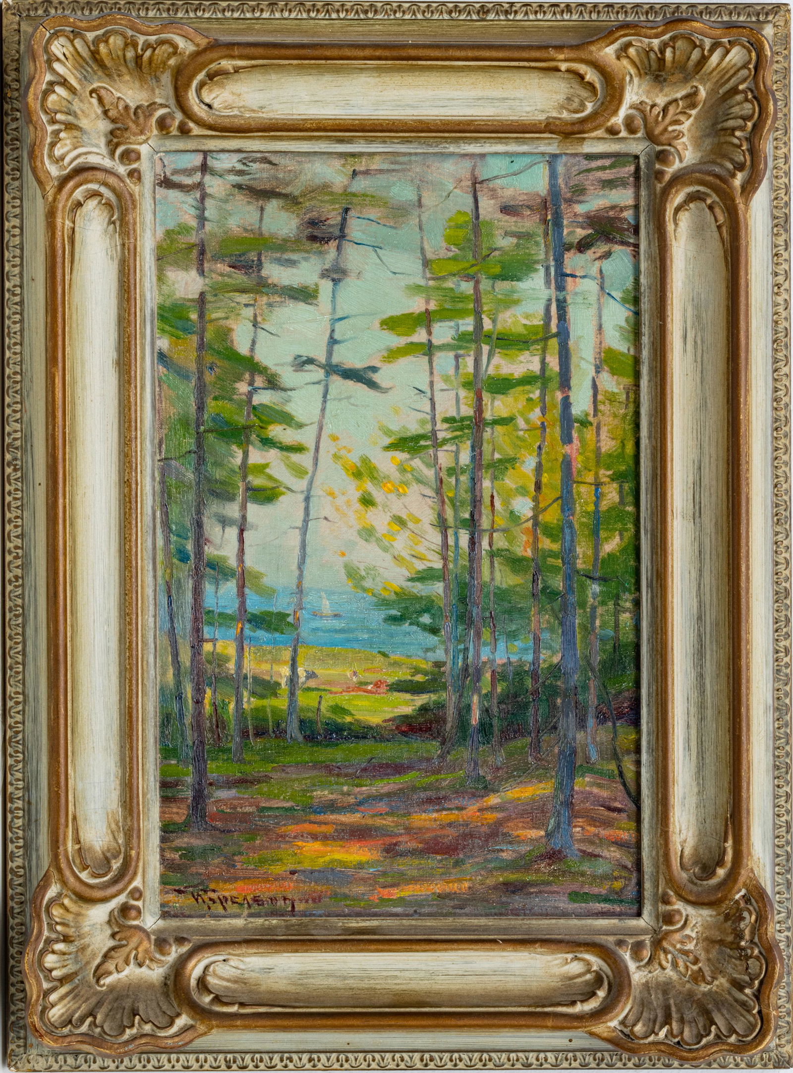 WILLIAM GREASON (MICHIGAN, 1884-1945) OIL ON BOARD, C.: WILLIAM GREASON (MICHIGAN, 1884-1945) OIL ON BOARD, C. 1930, H 12", W 7.75", NORTHERN LAKE LANDSCAPE An oil on board by William Greason. Depicting a summer view of a northern lake with a sailboat in t