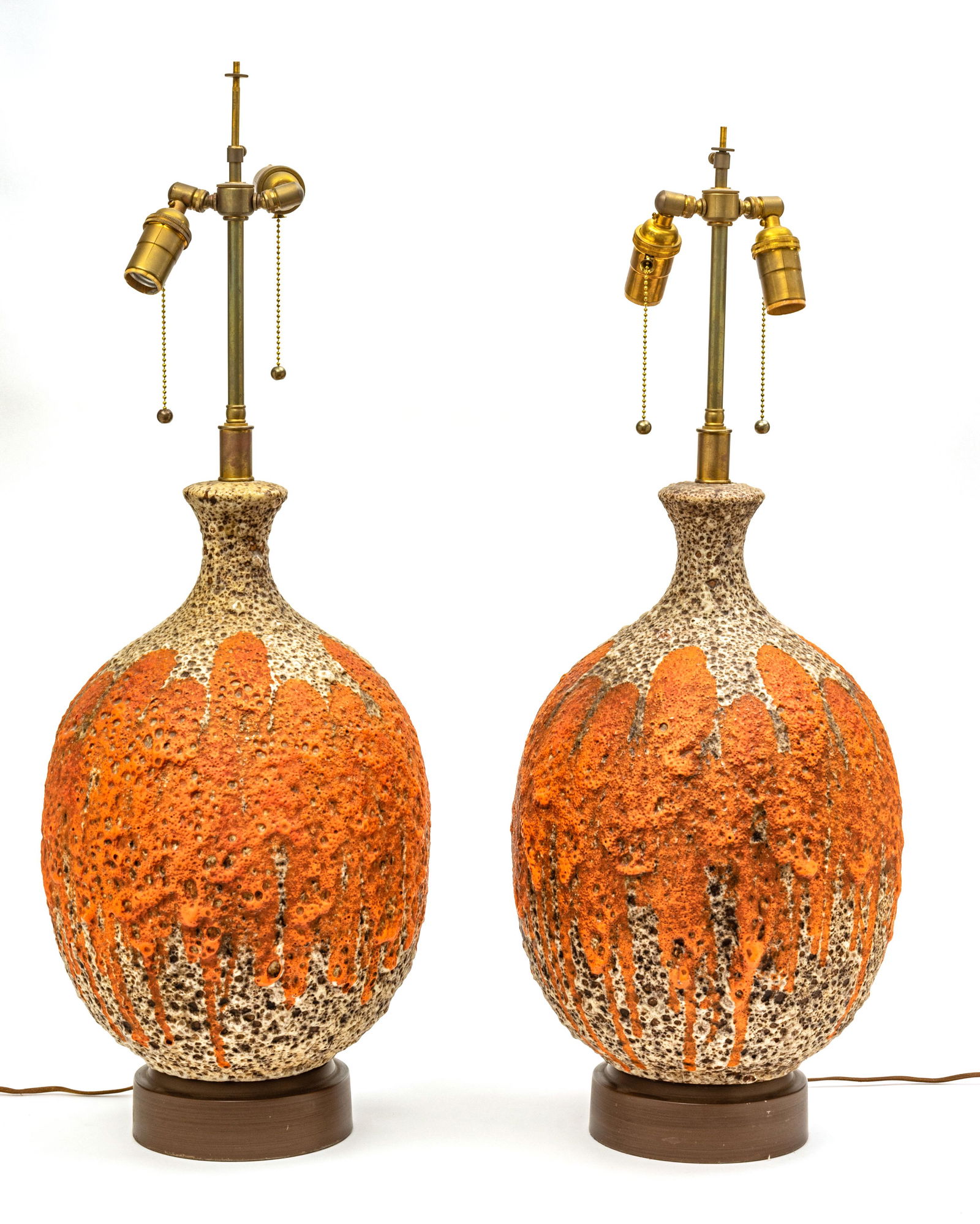 VINTAGE ORANGE CERAMIC LAMPS, PAIR, H 33", DIA 11" (1 of 2)