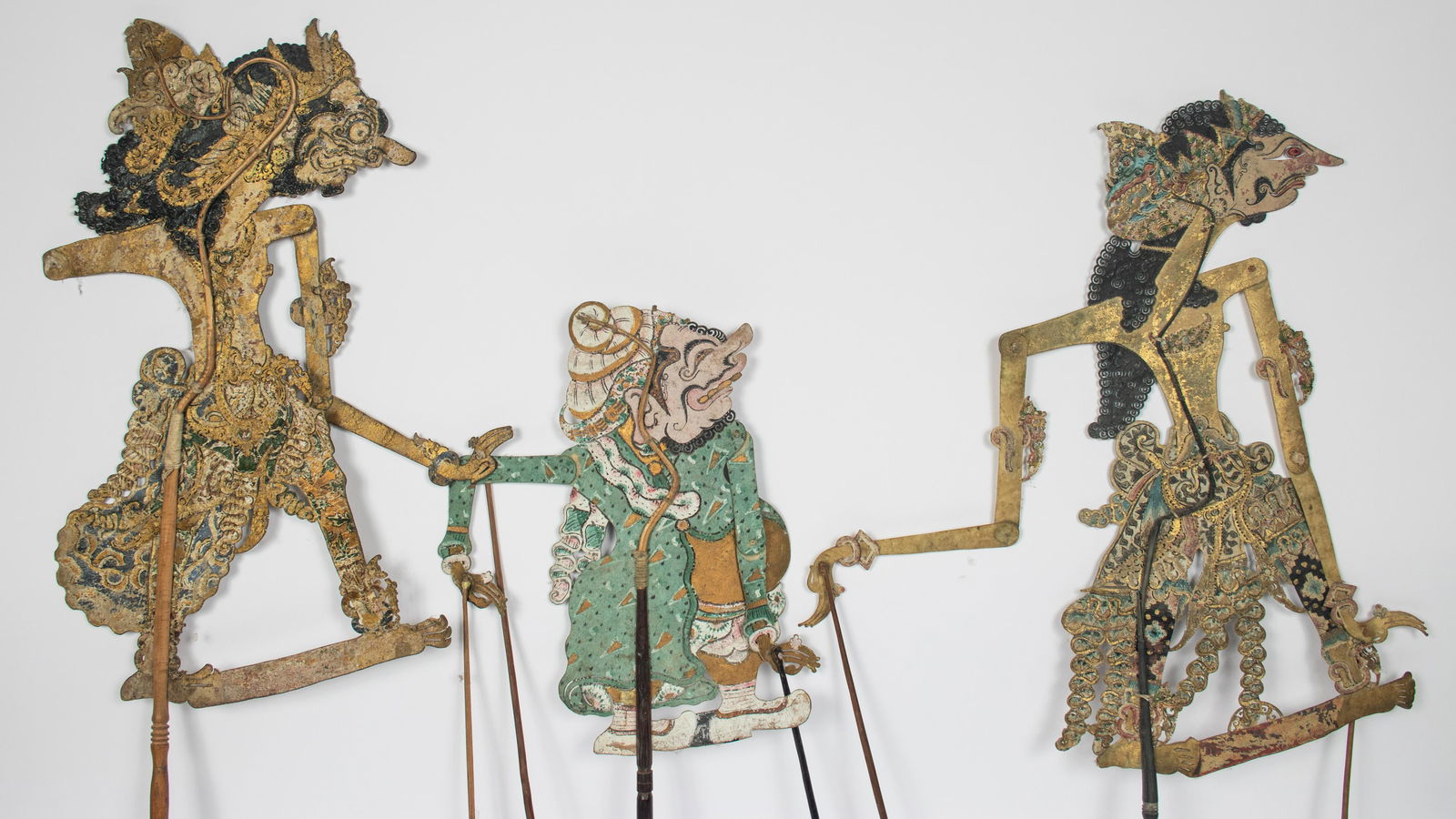 TIBETAN LEATHER SHADOW PUPPETS, 3 PCS, H 22.5"-32" (1 of 4)