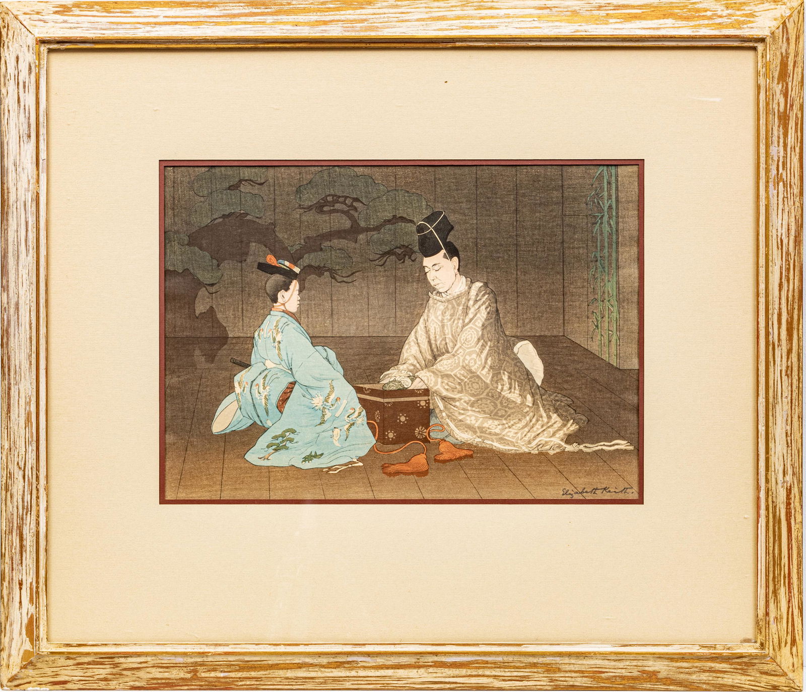 ELIZABETH KEITH (BRITISH 1887-1956) WOODBLOCK PRINT, C.: ELIZABETH KEITH (BRITISH 1887-1956) WOODBLOCK PRINT, C. 1920S, H 8 1/8", W 17 1/8" (IMAGE), "KONGO IN OKINA" Depicting Noh actors. Pencil signed in the lower right. Titled in pencil on verso "Kongo. N