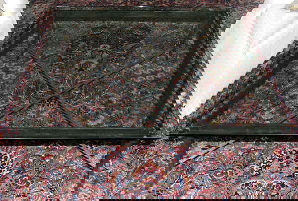 'HOLLY HUNT' IRON TABLE W/ GLASS TOP: 'HOLLY HUNT' IRON TABLE WITH GLASS TOP, H 18 3/4", W 51 1/4" SQUARE: