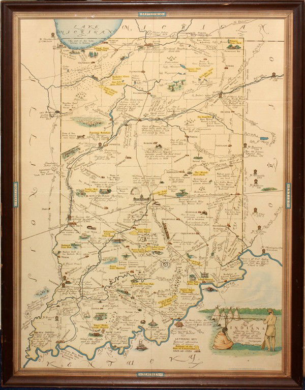 MAP OF INDIANA, 33" X 23": MAP OF INDIANA, 33" X 23":Points of interest and holdings of the department of conservation. 'Lee Carter Cartographer. 1932'. Book by John Marshall