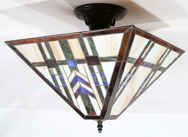 ART GLASS LIGHT FIXTURE, H 15", W 16": ART GLASS LIGHT FIXTURE, H 15", W 16":having a inverted pyramid shape with narrow vertical art glass panels surrounded with strips of brown glass panels all mounted in a metal frame;