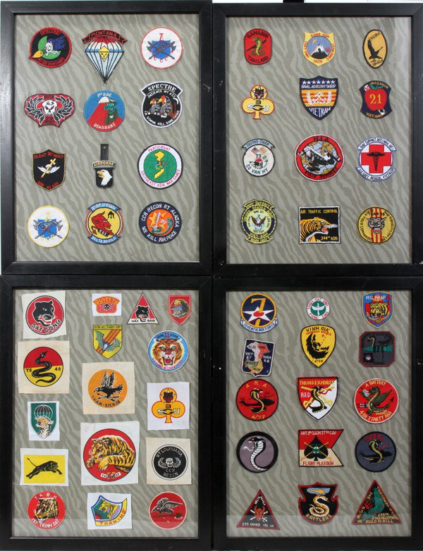 VIETNAMESE REGIMENTAL MILITARY PATCHES ON CLOTH: VIETNAMESE REGIMENTAL MILITARY PATCHES ON EMBROIDERED CLOTH, 48 PATCHES:Forty eight embroidered patches plus 15 stenciled patches in five frames.