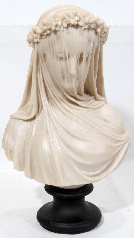 A. FILLI, RESIN, VEILED BUST OF WOMAN, 14"H: A. FILLI, RESIN, VEILED BUST OF WOMAN, 14"H:signed on the verso: 'A. Fillia Firenze, Italy'; signed on base; A resin reproduction of the 'Veiled Vestal' statue sculpted in the 19th Century by Italian 