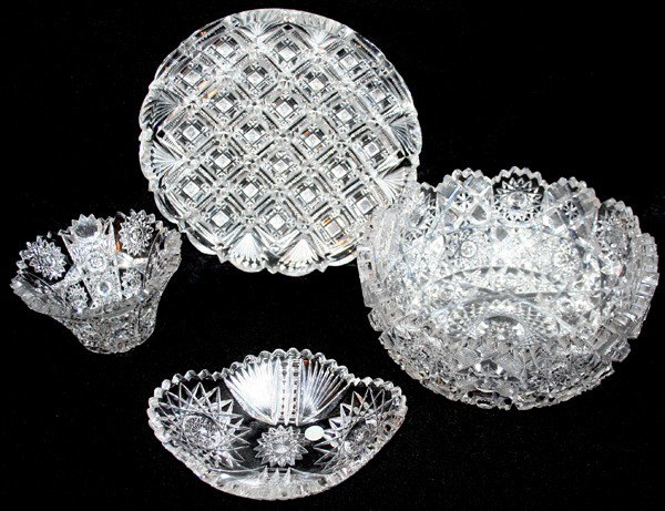 AMERICAN CUT GLASS TABLEWARE, 20TH C, 4 PCS.: AMERICAN CUT GLASS TABLEWARE, 20TH C, 4 PCS.:includes: one small dish, 1 1/2" x 3 1/2", marked 'Fry'; one small bowl, 3" H. x 5" Dia; one round dish, 8 3/4" Dia. marked 'Fry' and one bowl, 3 1/2" x 8"