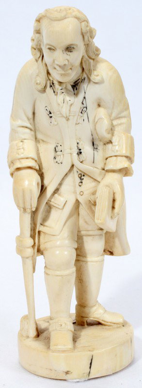 CHINESE EUROPEAN STYLE CARVED IVORY FIGURE H 6": CHINESE EUROPEAN STYLE CARVED IVORY FIGURE, H 6", DIA 2":Depicts an 18th century style gentleman. No apparent markings. Polychrome accents to his coat and vest;