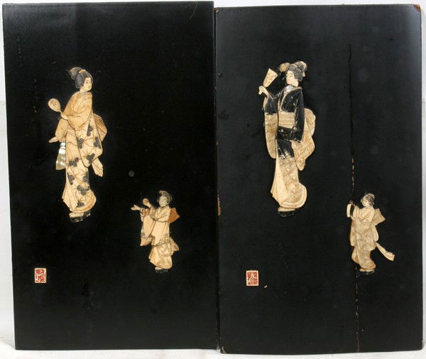 ORIENTAL BLACK EBONY WITH IVORY INLAY PLAQUES: ORIENTAL BLACK EBONY WITH IVORY INLAY PLAQUES, SIGNED, 2 PCS., H 18', W 11":Dancing ladies. Block stamped signatures lower left;