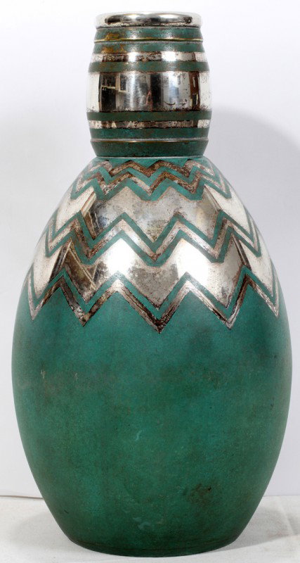 CHRISTOFLE SILVERED METAL VASE C 1930 H 16 1/2": CHRISTOFLE SILVERED METAL VASE, C. 1930, H 16 1/2":A French art deco dinanderie vase of ovoid shape, brass with verdigris patina and silver geometric patterning; stamped " Christofle/B 260 E" at the u