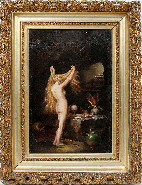GERMAN SCHOOL OIL ON BOARD, 14" X 9",: GERMAN SCHOOL OIL ON BOARD, 14" X 9", THE TEMPTATION OF ST. ANTHONY:Label on verso E.A. Maischer Co. 207 Wabash, Chicago. From a Chesterfield Township consignor, by inheritance from uncle: Frederick W