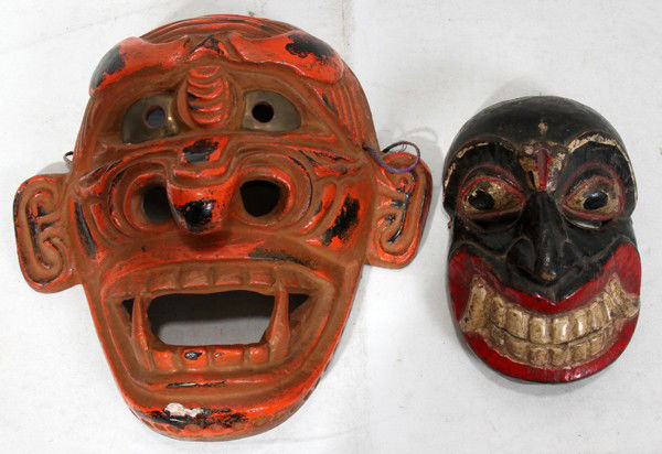JAPANESE PAPIER MACHE NOH MASK & ANOTHER MASK,: JAPANESE PAPIER MACHE NOH MASK & ANOTHER MASK, H 11" & 7":Including 1 Japanese papier mache mask decorated in red with black accents and gilt metal eyes, featuring a protruding nose, flaring nostrils,
