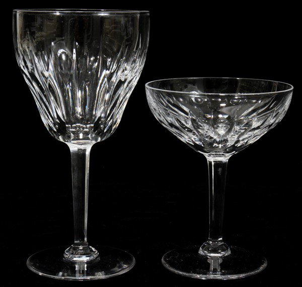VAL ST. LAMBERT CRYSTAL GOBLETS & CHAMPAGNES: VAL ST. LAMBERT CRYSTAL GOBLETS (12), H 7", & SAUCER CHAMPAGNES (12), 24 PIECES TOTAL:"Zermatt 6/1943" pattern. Signed 'VSL'. Twelve goblets and twelve champagnes, all signed. Twenty-four pieces total