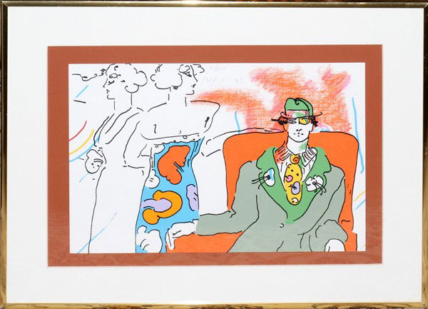PETER MAX LITHOGRAPH, 1981, 10" X 14", MAN WITH: PETER MAX (1937-), LITHOGRAPH, 1981, 10" X 14", MAN WITH TWO WOMEN:Edition 55/200. Depicting a male with two females. Signed upper middle "Max '81", framed, matted and laid on paper. Peter Max, Americ