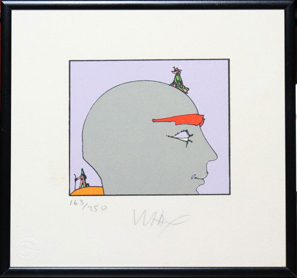 PETER MAX LITHOGRAPH, 3 5/8" X 4", MAN WITH: PETER MAX (1937-), LITHOGRAPH, 3 5/8" X 4", MAN WITH SUNGLASSES:Edition 163/250. Signed, framed and matted under glass. Peter Max, American/German, born 1937.