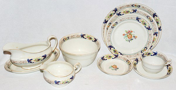 JOHNSON BROS. DINNER SERVICE, 82 PIECES: JOHNSON BROS. DINNER SERVICE, 82 PIECES:Demi porcelain set includes 12 luncheon plates, Dia.8 3/4", 12 salad plates, Dia.8", 12 bread-and-butter plates, Dia.7", 12 berry bowls, 6 butter pats, 7 tea cu