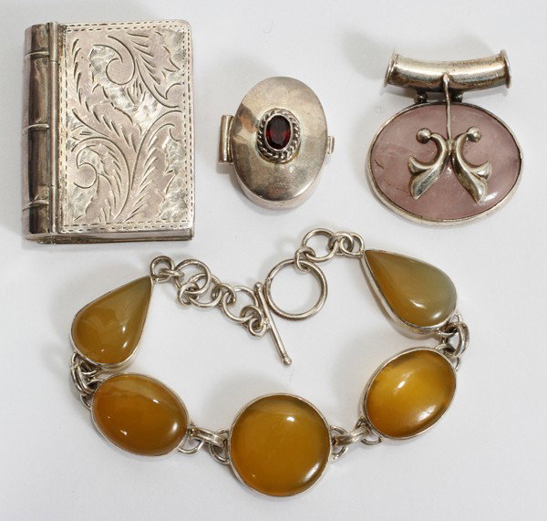 STERLING SILVER GROUPING, FOUR PIECES: STERLING SILVER GROUPING, FOUR PIECES:Includes 2 pill boxes, pendant, bracelet.