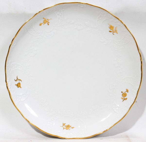 MEISSEN PORCELAIN DISH, W 12": MEISSEN PORCELAIN DISH, W 12":Gilded border and gilt floral highlights, impressed 351 and blue crossed swords mark bisected by two slashes.