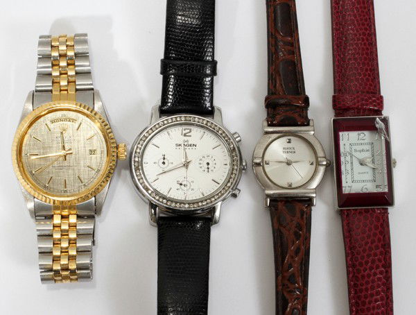 SKAGEN, BIJOUX TERNER, SOPHIE, FAUX ROLEX: SKAGEN, BIJOUX TERNER, SOPHIE, FAUX ROLEX WATCH GROUPING, 4:Skagen Designs, LTD, Skagen-Denmark, #246USL-B, all SS, water-resistant 100 ft, Ultra Slim Japan Quartz with rhinestones, some missing; Bijo