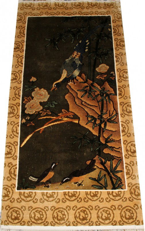 CHINESE MECHANIZED COTTON HANGING RUG, 4' 6": CHINESE MECHANIZED COTTON HANGING RUG, 4' 6" X 2' 3": From the collection of Joseph and Norina Simon, Grosse Pointe Farms, Mi