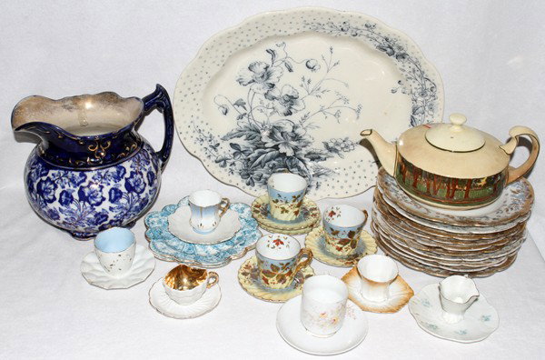 ENGLISH POTTERY & CONT PORCELAIN TABLE WARE, : ENGLISH POTTERY & CONTINENTAL PORCELAIN TABLE WARE, DEMI TASSE & SAUCERS, LATE 19TH-EARLY 20TH C.:English items include 1 ironstone oval platter by S. H., "Poppy" pattern rd. #120685, L.16"; a set of 