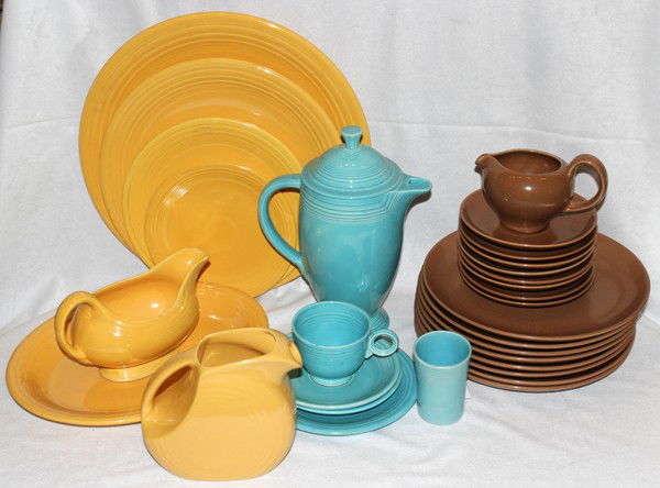 FIESTA WARE, RUSSEL WRIGHT IROQUOIS DINNER WARE: FIESTA WARE & RUSSEL WRIGHT 'IROQUOIS' DINNER WARE, 38 PIECES:Colorful assortment of Fiesta Ware, including 6 dinner plates, Dia.10 1/4", 1 plate, Dia.12", 1 chop plate, Dia.14", 1 plate, Dia.9 1/4",