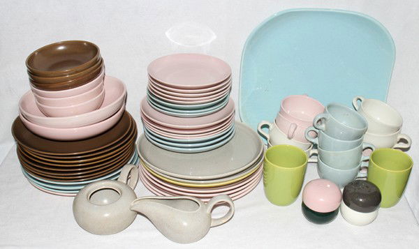 RUSSEL WRIGHT ASSORTED DINNER WARE, 93 PIECES: RUSSEL WRIGHT ASSORTED DINNER WARE, 93 PIECES:Russel Wright "Iroquois" in white, pink, blue, gray, brown and yellow includes 7 plates, Dia.10", 12 plates, Dia.9", 7 plates, Dia.7 1/2", 8 plates, Dia.6