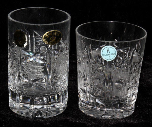 CZECHOSLOVAKIAN CRYSTAL TUMBLERS, 2 SETS OF 6,: CZECHOSLOVAKIAN CRYSTAL TUMBLERS, 2 SETS OF 6, H 4", 3 1/2":Hand cut crystal. Purchased in Czechoslovakia circa 1960. Twelve pieces total.