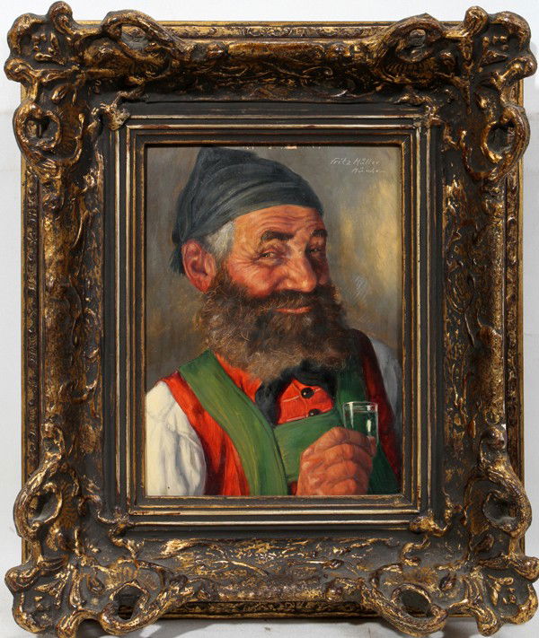 FRITZ MULLER, OIL ON PANEL 9" X 7" BAVARIAN: FRITZ MULLER, OIL ON PANEL 9" X 7" BAVARIAN PORTRAIT:Signed Fritz Muller and Munchen. Portrait of Bavarian man with beer glass. Framed.