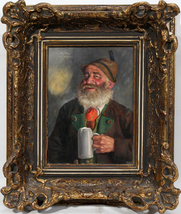 FRITZ MULLER, MUNICH OIL ON BOARD, 9.5" X 7": FRITZ MULLER, MUNICH OIL ON BOARD, 9.5" X 7":Painting on board signed Fritz Muller and Munchen. Bavarian man with beer stein.
