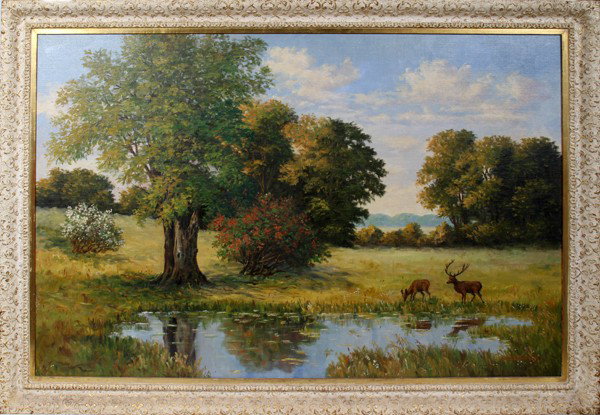 GUDRUN GRAESER OIL ON CANVAS ON BOARD 39" X 58": GUDRUN GRAESER, OIL ON CANVAS ON BOARD, 39" X 58":Probably Swiss or German. Depicts a landscape scene with two deer near a pond. Antiqued frame. Signed lower right. 39" x 58 1/2".
