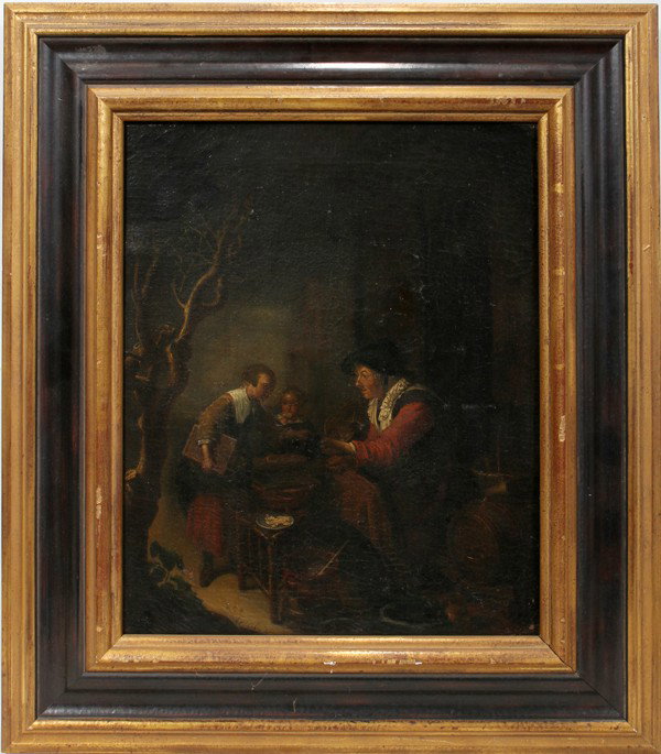 DUTCH SCHOOL, OIL ON CANVAS, ANTIQUE, 17" X 13": DUTCH SCHOOL, OIL ON CANVAS, ANTIQUE, 17" X 13", GENRE SCENE:Depicts a woman, a young girl and a man gathered around a table. No apparent signature. Actual dimensions of painting overall are 17 1/4" x