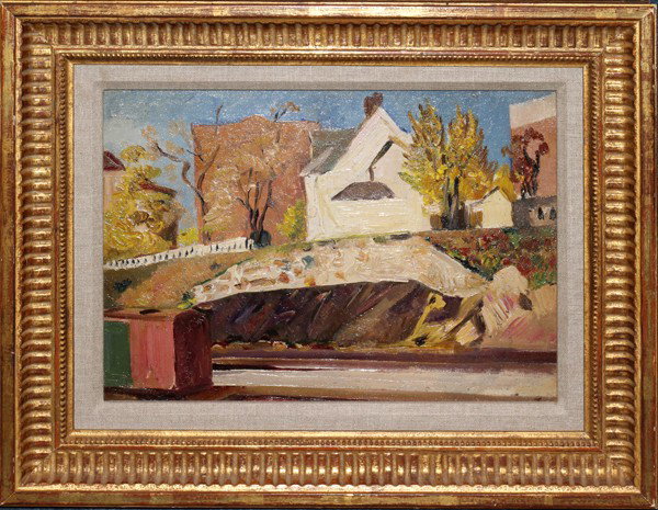 HAYLEY LEVER N.A., OIL ON CANVAS BOARD, 10" X : HAYLEY LEVER N.A., OIL ON CANVAS BOARD, 10" X 14", "HOUSE AND RAILROAD":Unsigned; framed. Kennedy Galleries No. 21131 label on verso.