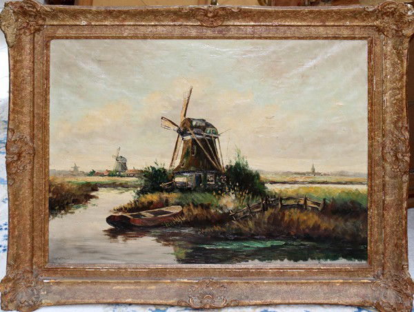 DEVRIES, OIL ON CANVAS, DUTCH SCENE, 20TH C: DEVRIES, OIL ON CANVAS, DUTCH SCENE, 20TH CENTURY, 24" X 32":Signed "Devries" lower left; gilt frame. From the collection of Joseph and Norina Simon, Grosse Pointe Farms, Mi.
