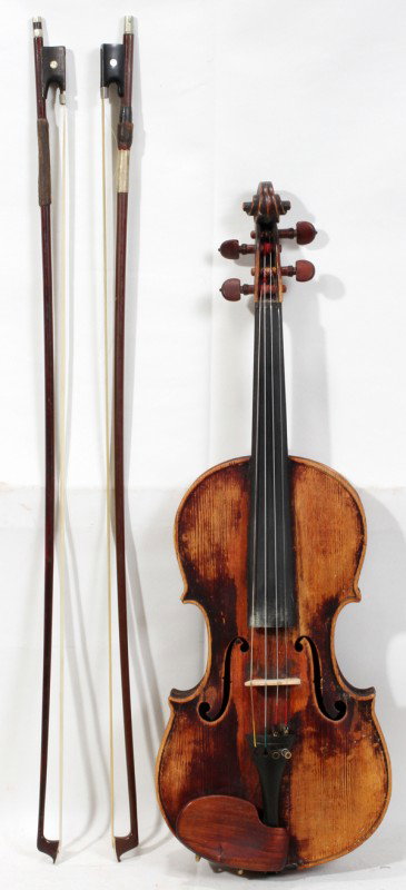 GERMAN STUDENT VIOLIN, C. 1900, L 23": GERMAN STUDENT VIOLIN, C. 1900, L 23":With two bows. Brown molded plastic case.