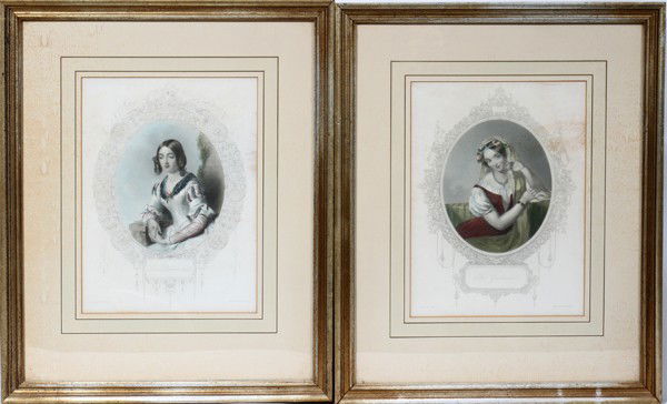 ANTIQUE ENGRAVINGS C 1840 11" X 9", PR LADIES: ANTIQUE ENGRAVINGS C 1840 11" X 9", PAIR LADIES:Size is image only. Overall frame size is 20" x 16". Hand colored. One engraved by W. Holl and painted by W. P. Frith "Love's Summer Cloud". Other paint