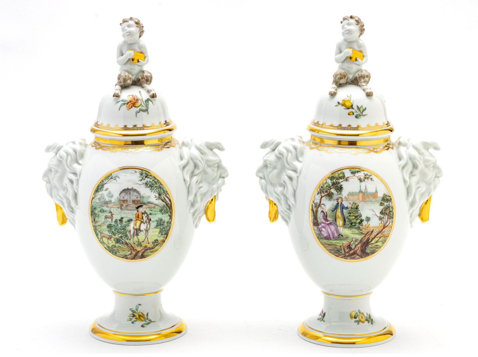 ROYAL COPENHAGEN PORCELAIN MANTLE URNS, PAIR H 13 3/4" SATYR FINIALS (1 of 5)