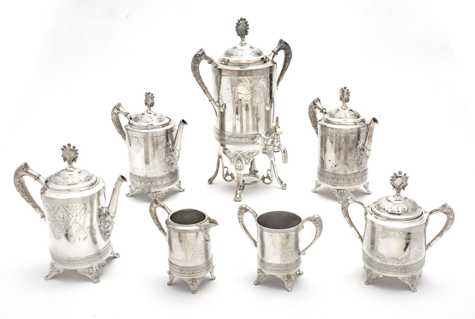 E. G. WEBSTER BROS. SILVER PLATE TEA SERVICE, C 1870, 8 PCS. (1 of 7)