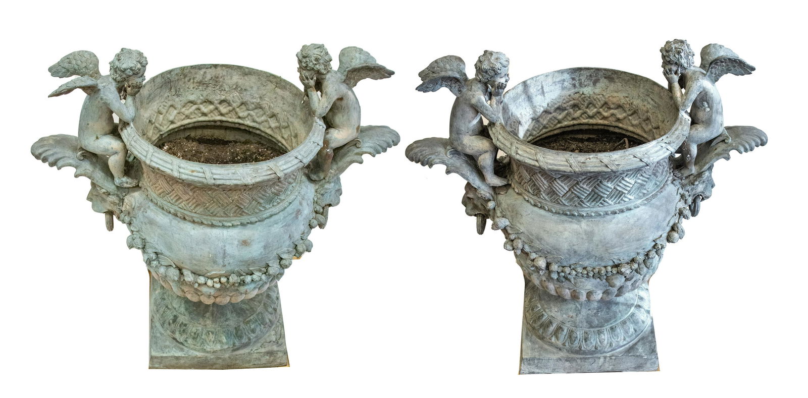 BRONZE GARDEN URNS LATE 20TH C.,  PAIR H 38" L 37" (1 of 7)