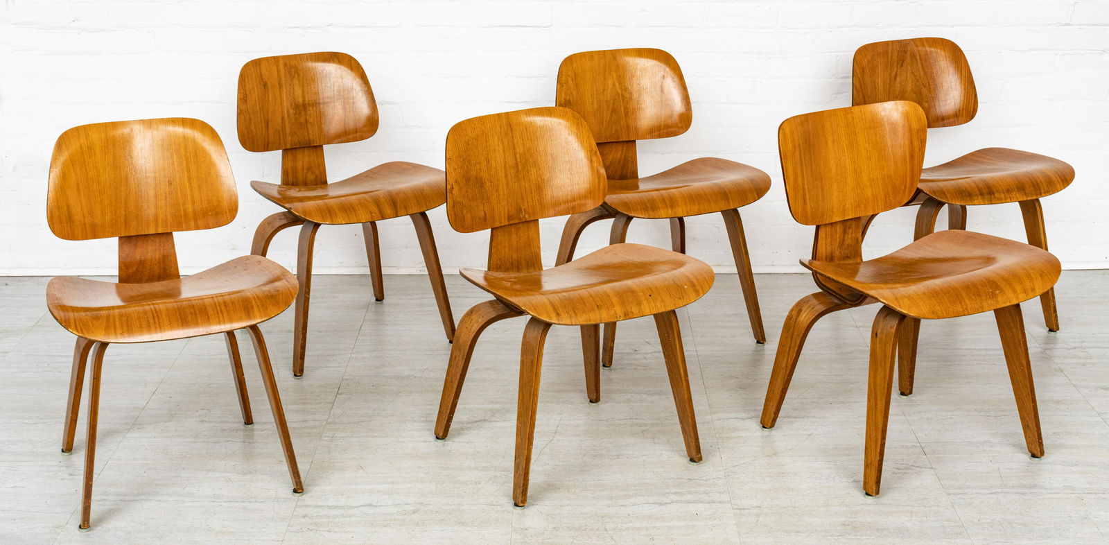 CHARLES  EAMES FOR HERMAN MILLER PLYWOOD DCW  CHAIRS, SIX, H 29" W 22" D 20" (1 of 8)