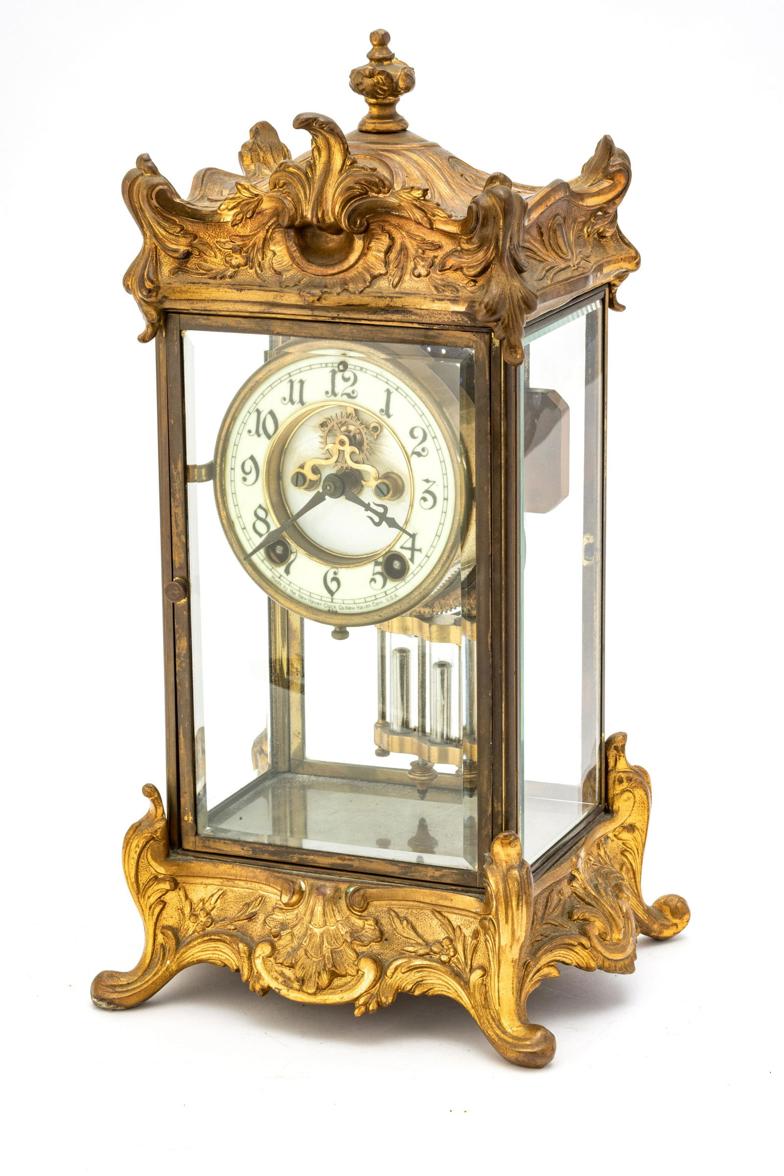 NEW HAVEN CLOCK CO. "THOREAU" PATINATED METAL REGULATOR CLOCK, 20TH C., H 15", W 8", D 7" (1 of 7)