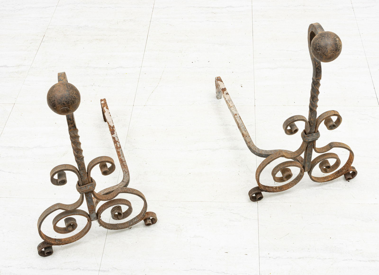 WROUGHT IRON ANDIRONS, C 1900 H 24" W 14" D 21" (1 of 2)